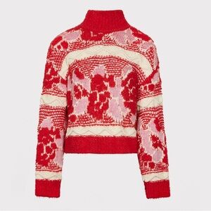 ZARA Jacquard Red Pink Chunky Cozy Knit Sweater Apres Ski Winter Nordic